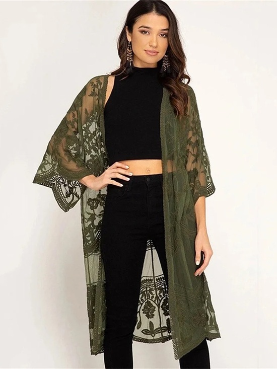 Adiva Other - NWT Adiva Olive Green Sheer Embroidered floral Lace Kimono open-front Sz Large